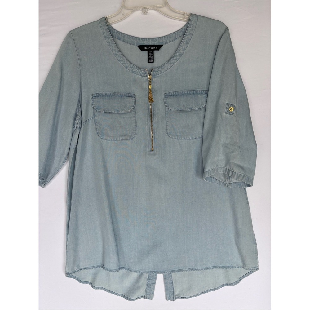 Ellen Tracy Light Blue Tencel Lyocell Zip Front Roll Tab Sleeve Top Size M